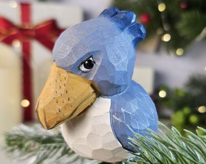 Handcrafted Shoebill Wooden Ornament | Carved Basswood Bird Figurine, Christmas Tree Decor
