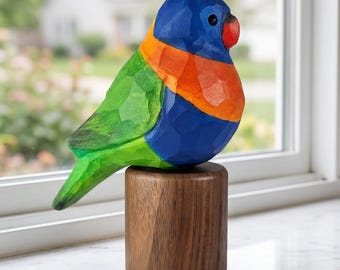 Hand-Painted Basswood Rainbow Lorikeet Figurine, Black Walnut Base, Australian Parrot Carving
