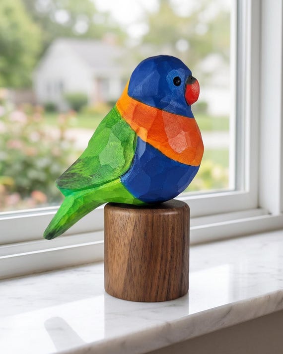 Hand-Painted Basswood Rainbow Lorikeet Figurine, Black Walnut Base, Australian Parrot Carving