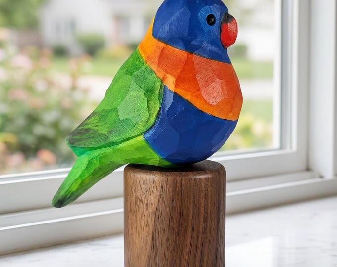 Hand-Painted Basswood Rainbow Lorikeet Figurine, Black Walnut Base, Australian Parrot Carving
