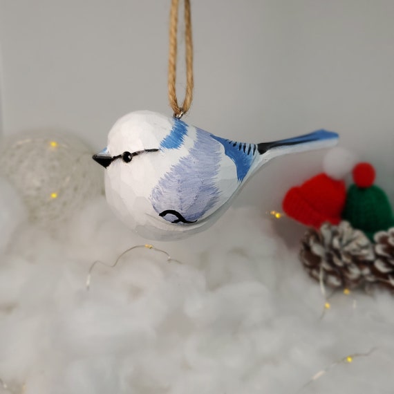 Azure tit Hanging Decor Christmas Ornaments Wooden Hand Carved Painted Bird