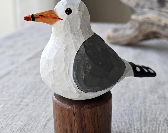 Hand-Painted California Gull Figurine, Black Walnut Base, Wooden Seagull Carving, Coastal Decor