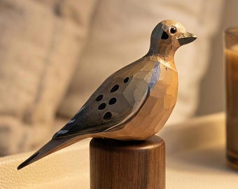 Hand-Painted Mourning Dove Figurine, Carved Basswood Bird Sculpture, Black Walnut Base