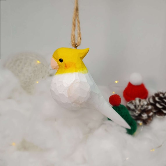 Cockatiel Hanging Christmas Ornaments Wooden Hand Carved Painted Bird