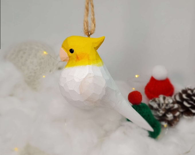 Cockatiel Hanging Christmas Ornaments Wooden Hand Carved Painted Bird