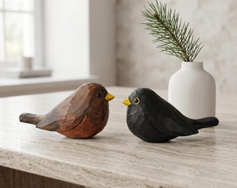 Hand-Painted Basswood Blackbird Figurine, Black Walnut Base, Bird Lover Decor