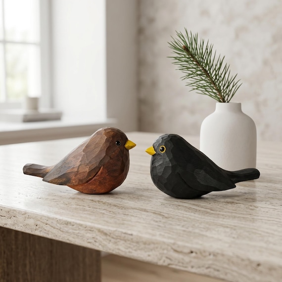 Hand-Painted Basswood Blackbird Figurine, Black Walnut Base, Bird Lover Decor