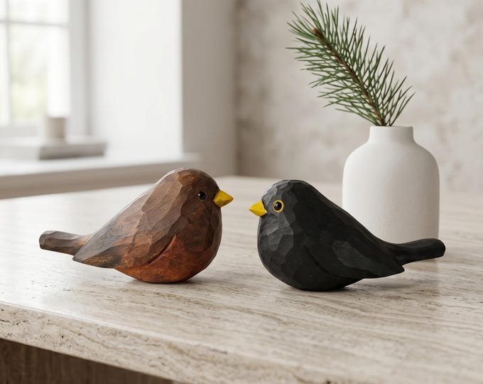 Hand-Painted Basswood Blackbird Figurine, Black Walnut Base, Bird Lover Decor