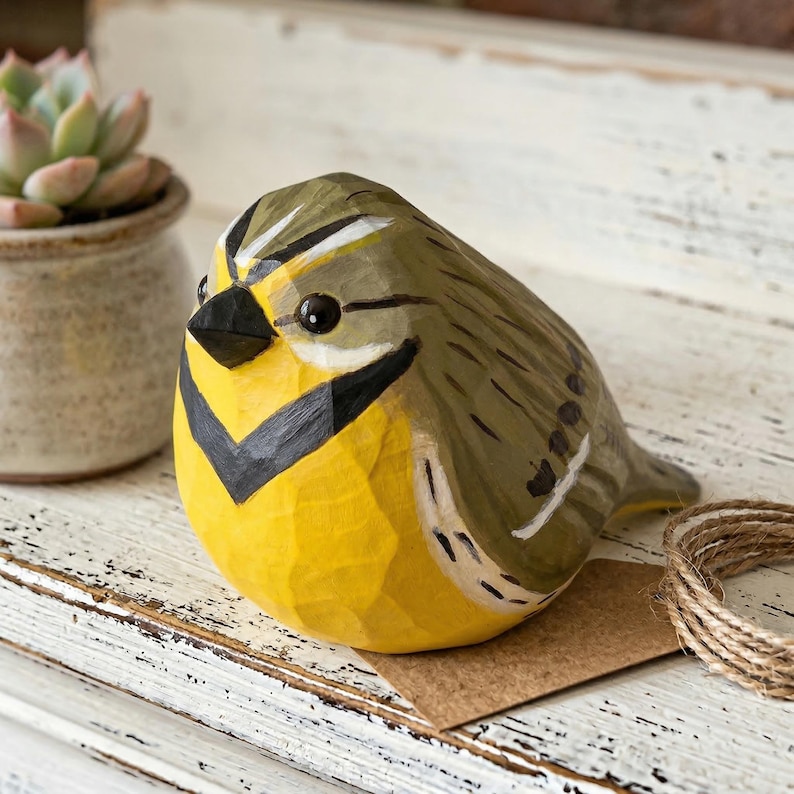 Hand-carved wooden Western Meadowlark figurine with a faceted whittled texture and hand-painted yellow and black plumage. The bird sculpture is perched on a small brown card, making it a perfect rustic desk accessory, shelf sitter, or a unique gift for nature enthusiasts.
