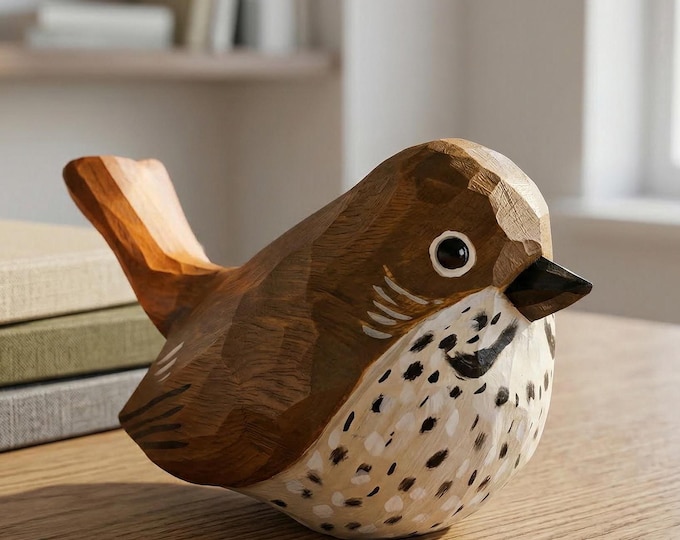 Hand Carved Hermit Thrush Wooden Bird Figurine, Rustic Home Decor, Hand-Painted Miniature Desk Accessory