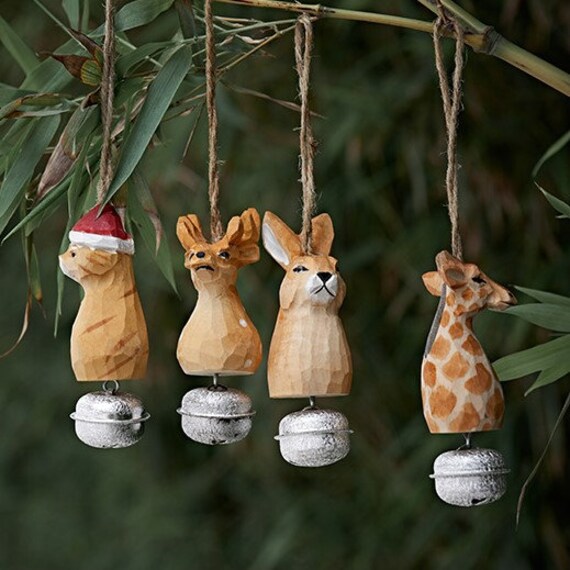 | Suspendue Animal Bell Décor en Bois Peint Sculpté à La Main Ornements d'arbre de Noël Ensemble 4