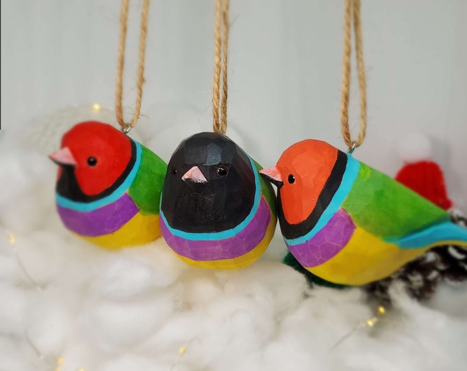 Gouldian finch Hanging Christmas Ornaments Wooden Hand Carved Painted Bird