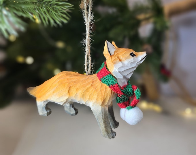 Handcrafted Fox Christmas Tree Ornament with Mini Scarf | Gift Box Included | Unique Holiday Decor