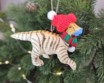 Handcrafted Parasaurolophus with Mini Scarf and Hat Hanging Christmas Tree Ornament | Gift Box Included | Unique Holiday Decor