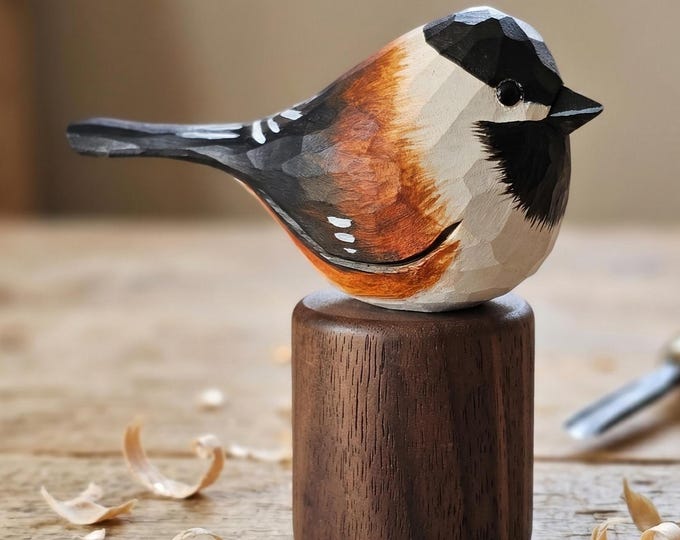 Hand Carved Chickadee Figurine – Hand-Painted Basswood Bird Sculpture, Walnut Base