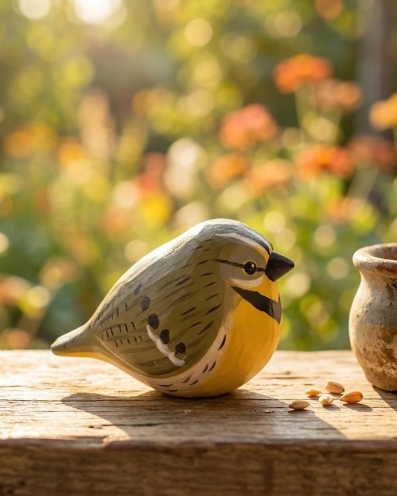 Hand Carved Western Meadowlark Wooden Figurine | Rustic Bird Decor, Nature Enthusiast Gift