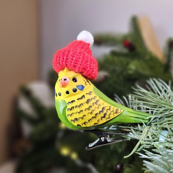 Budgerigar Christmas Tree Ornament with Mini Hat - Gift Box Packed Parakeet Holiday Decoration