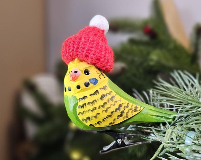 Budgerigar Christmas Tree Ornament with Mini Hat - Gift Box Packed Parakeet Holiday Decoration