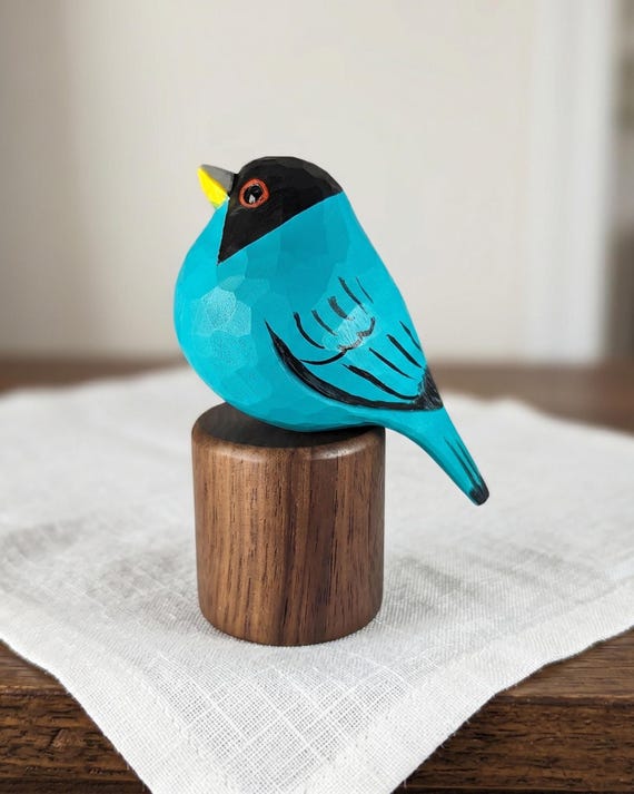 Hand-Painted Green Honeycreeper Figurine, Basswood Bird Sculpture, Black Walnut Base