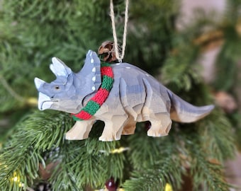 Handcrafted Triceratops with Mini Scarf Hanging Christmas Tree Ornament | Gift Box Included | Unique Holiday Decor