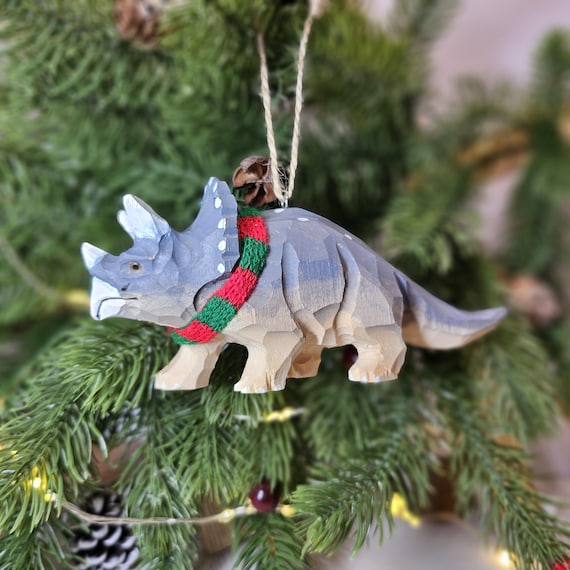 Handcrafted Triceratops Christmas Ornament: Mini Scarf, Gift Box Included