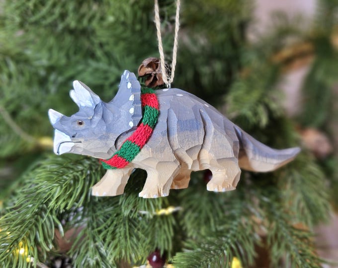 Handcrafted Triceratops with Mini Scarf Hanging Christmas Tree Ornament | Gift Box Included | Unique Holiday Decor