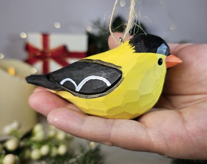 American Goldfinch Wooden Christmas Tree Ornaments - Handcrafted Hanging Holiday Bird Decorations