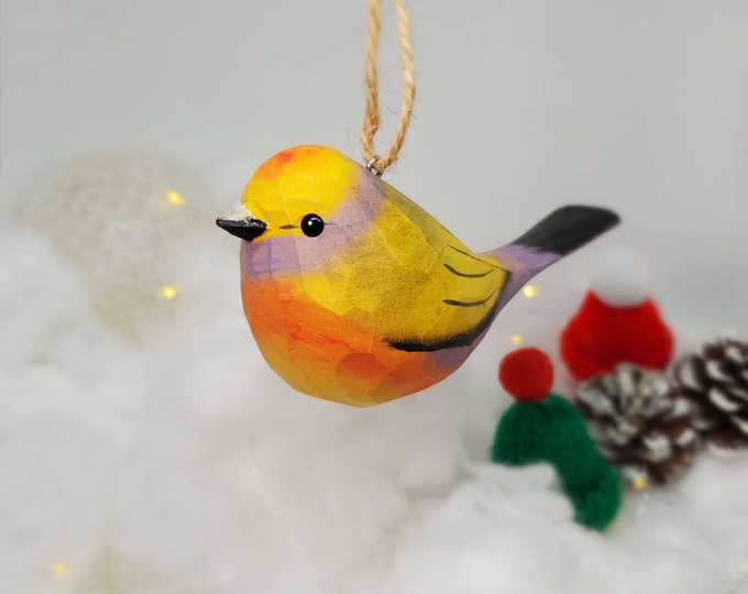 White-Browed Tit-warbler Hanging Christmas Ornaments Wooden Hand Carved Painted Bird