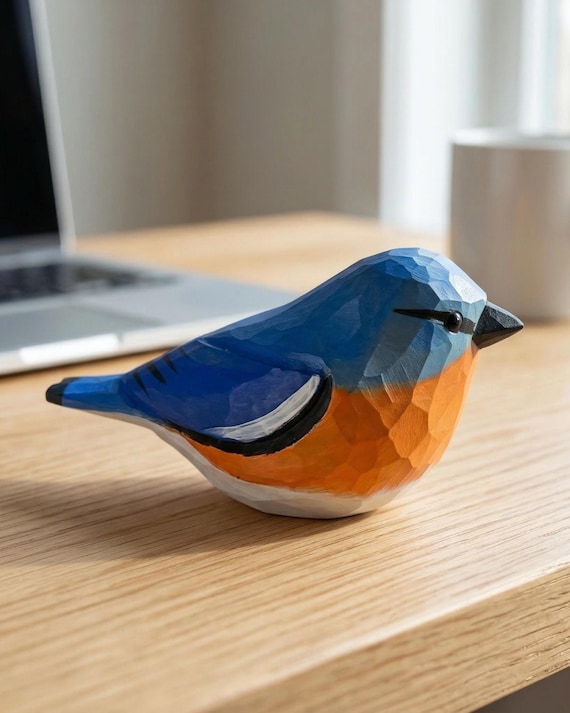 Hand Carved Wooden Bluebird Figurine, Hand Painted Folk Art Bird Decor