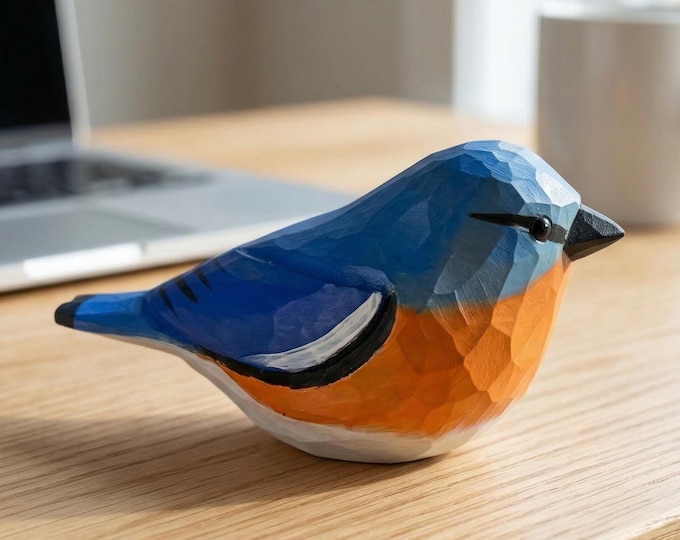 Hand Carved Wooden Bluebird Figurine, Hand Painted Folk Art Bird Decor