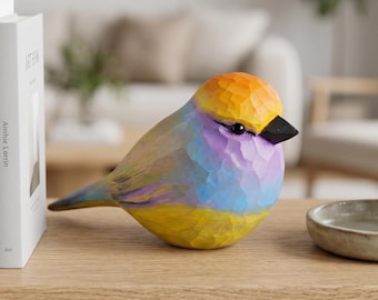 Hand-Painted White-browed Tit-warbler Figurine, Carved Basswood Bird Sculpture, Walnut Base