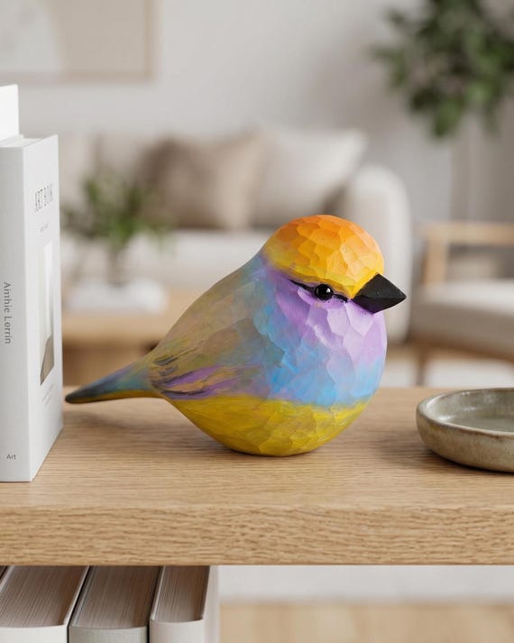 Hand-Painted White-browed Tit-warbler Figurine, Carved Basswood Bird Sculpture, Walnut Base