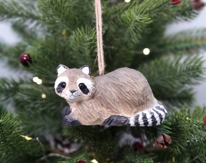 Raccoon Figurines | Hand Carved Painted Wooden Animal Home Decor sculpture ornaments