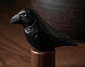 Hand-Painted Basswood Raven Figurine, Black Walnut Base, Carved Crow Statue, Gothic Decor