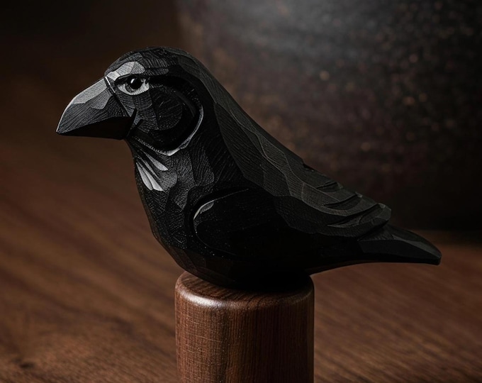 Hand-Painted Basswood Raven Figurine, Black Walnut Base, Carved Crow Statue, Gothic Decor