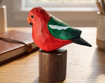 Hand-Carved Wooden King Parrot Figurine: Realistic Wildlife Decor, Wood Gift