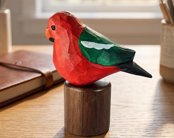 Hand-Carved Wooden King Parrot Figurine: Realistic Wildlife Decor, Wood Gift