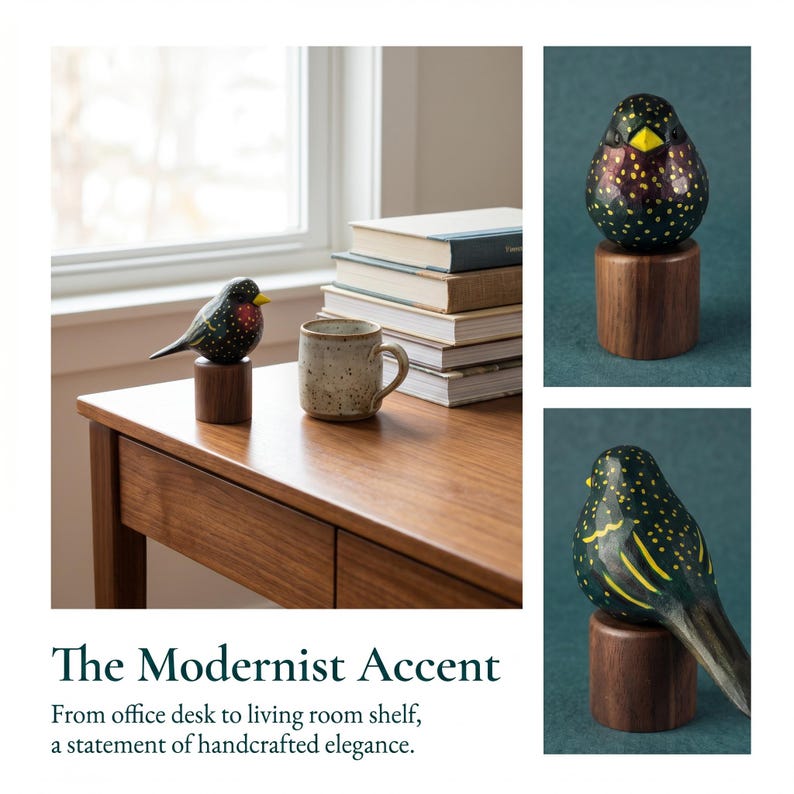 May include: Hand-painted wooden bird ornament with a black body, yellow beak, and red details, on a small wooden base. The bird is on a wooden desk with a mug and books. The text reads: "The Modernist Accent".