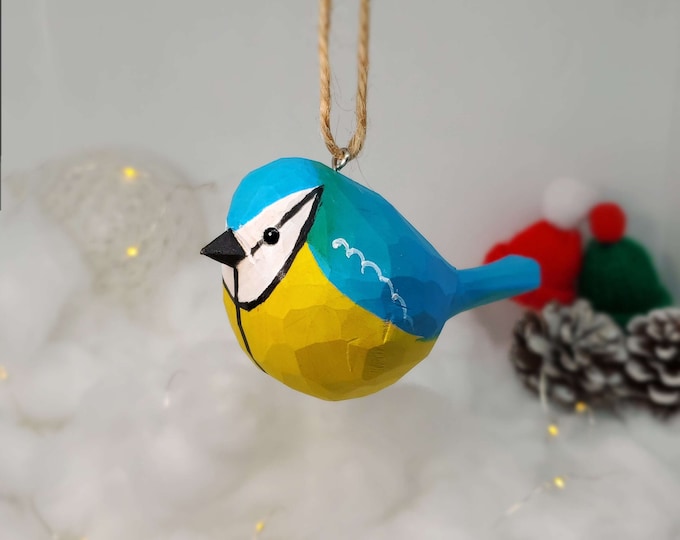 Eurasian blue tit Hanging Christmas Ornaments Wooden Hand Carved Painted Bird