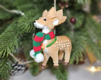 Handcrafted Deer Christmas Tree Ornament with Mini Scarf | Gift Box Included | Rustic Holiday Decor