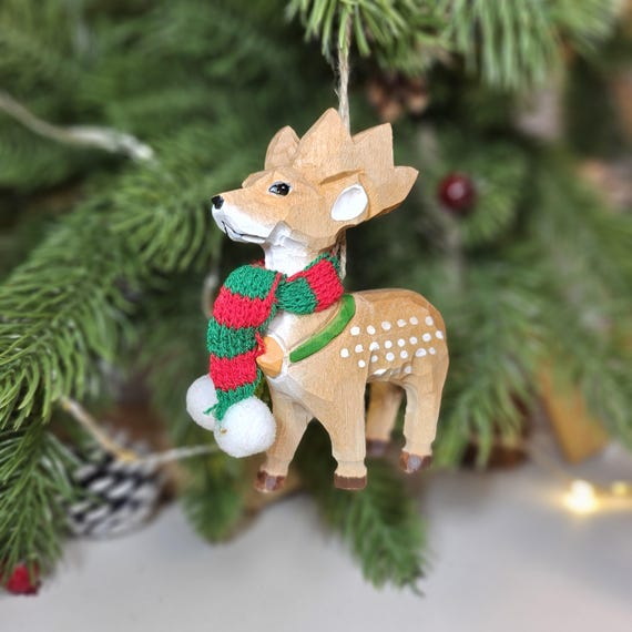 Handcrafted Deer Christmas Tree Ornament with Mini Scarf | Gift Box Included | Rustic Holiday Decor