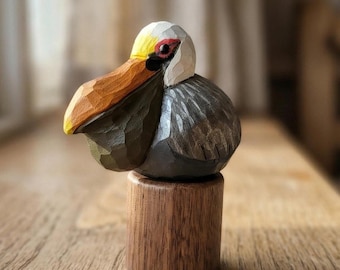 Hand Carved Brown Pelican Wooden Figurine, Hand Painted Shorebird Sculpture, Coastal Home Decor