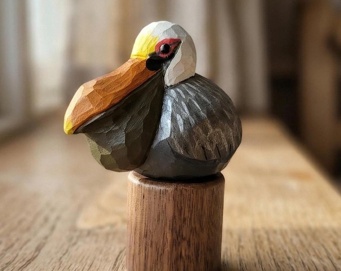 Hand Carved Brown Pelican Wooden Figurine, Hand Painted Shorebird Sculpture, Coastal Home Decor