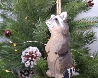 Raccoon Figurines | Hand Carved Painted Wooden Animal Home Decor sculpture ornaments