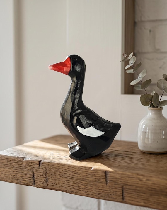 Hand Carved Basswood Black Swan Figurine, Hand Painted Animal Sculpture, Sustainable Home Decor