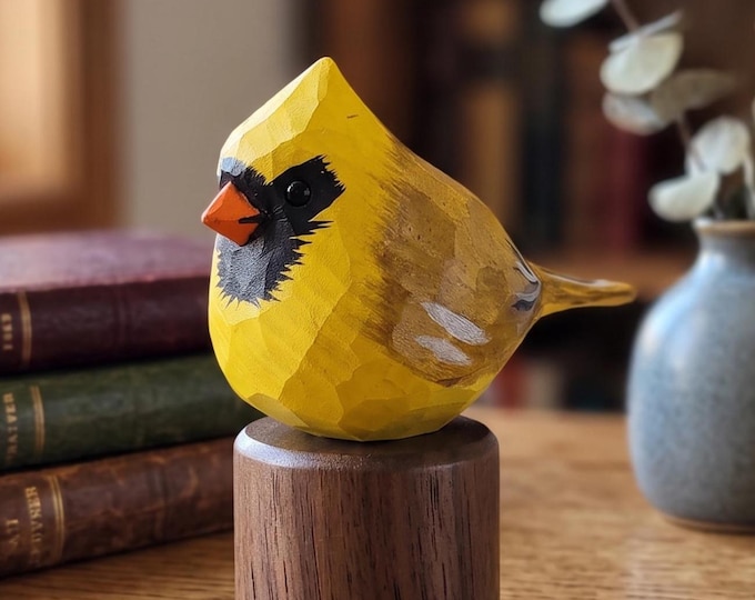 Hand-Painted Yellow Cardinal Figurine, Black Walnut Base, Wooden Bird Carving Home Decor
