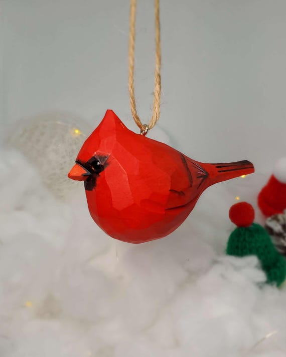 Hand Painted Northern Cardinal Wood Ornament – Artisan Crafted Basswood Bird Figurine