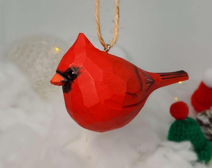 Hand Painted Northern Cardinal Wood Ornament – Artisan Crafted Basswood Bird Figurine