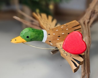 Handcrafted Mallard Duck with Red Heart Clip-On Wooden Ornament – Valentine’s Day Gift, Rustic Wildlife Décor, Romantic Wooden Keepsake