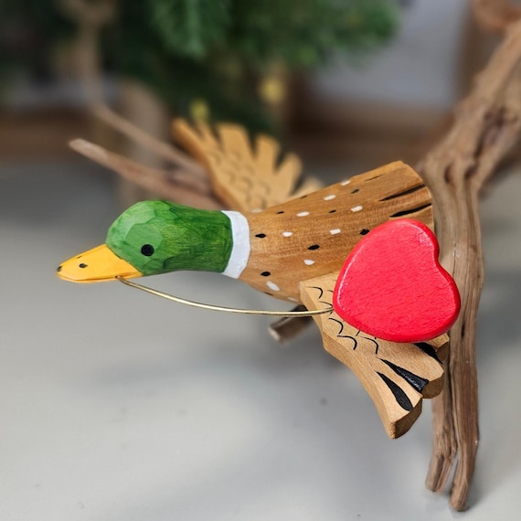 Handcrafted Mallard Duck Wooden Ornament with Red Heart Clip - Rustic Valentine's Gift